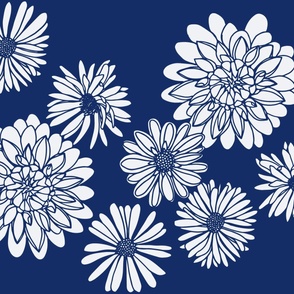 Floral Drawing, White Ink on Navy