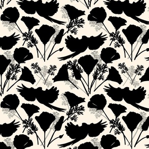 Parrots & Poppies Chinoiserie - black silhouettes on cream, medium to large 