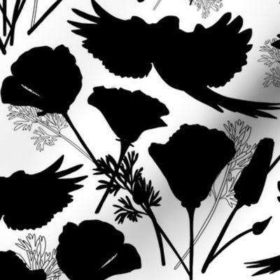 Parrots & Poppies Chinoiserie - black silhouettes on white, medium to large 
