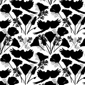 Parrots & Poppies Chinoiserie - black silhouettes on white, medium to large 