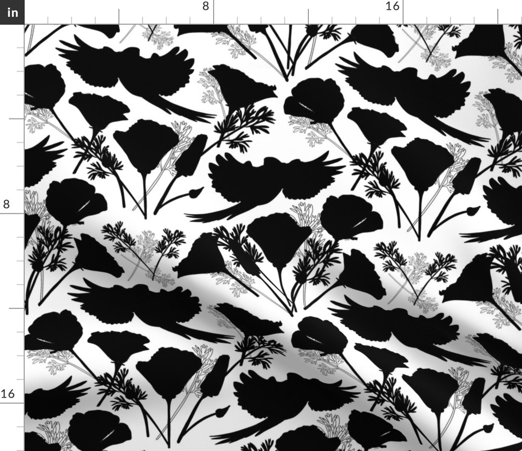 Parrots & Poppies Chinoiserie - black silhouettes on white, medium to large 