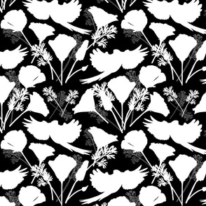 Parrots & Poppies Chinoiserie - white silhouettes on black, medium to large 