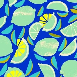 Blue sliced lemons and yellow seeds (large scale)_for dopamine dining and tea towel.