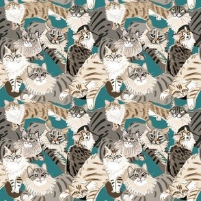  Cats Paradise Pattern Teal Small Scale