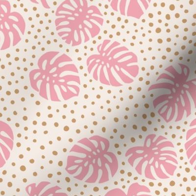 Monstera leaves and boho spots tropical rainforest island vibes nursery textiles pink cream caramel spots girls