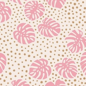 Monstera leaves and boho spots tropical rainforest island vibes nursery textiles pink cream caramel spots girls