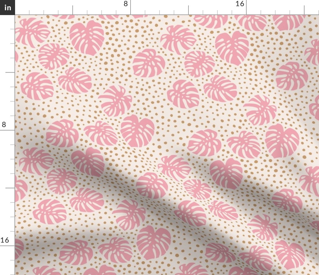 Monstera leaves and boho spots tropical rainforest island vibes nursery textiles pink cream caramel spots girls