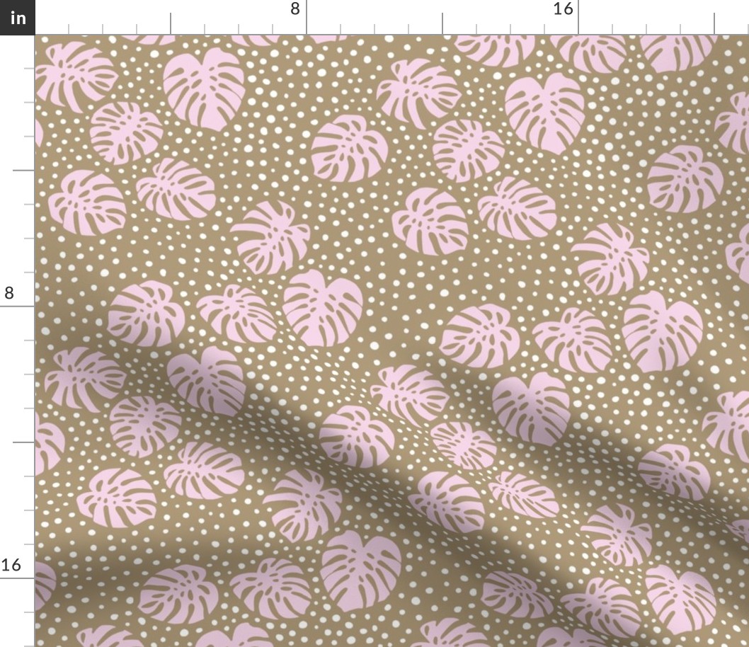 Monstera leaves and boho spots tropical rainforest island vibes nursery textiles caramel pink white spots