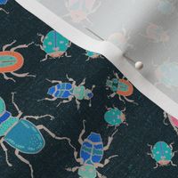 Retro Beetles, bugs and grasshoppers tossed scattered on burlap texture indigo non directional