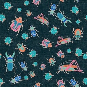 Retro Beetles, bugs and grasshoppers tossed scattered on burlap texture indigo non directional