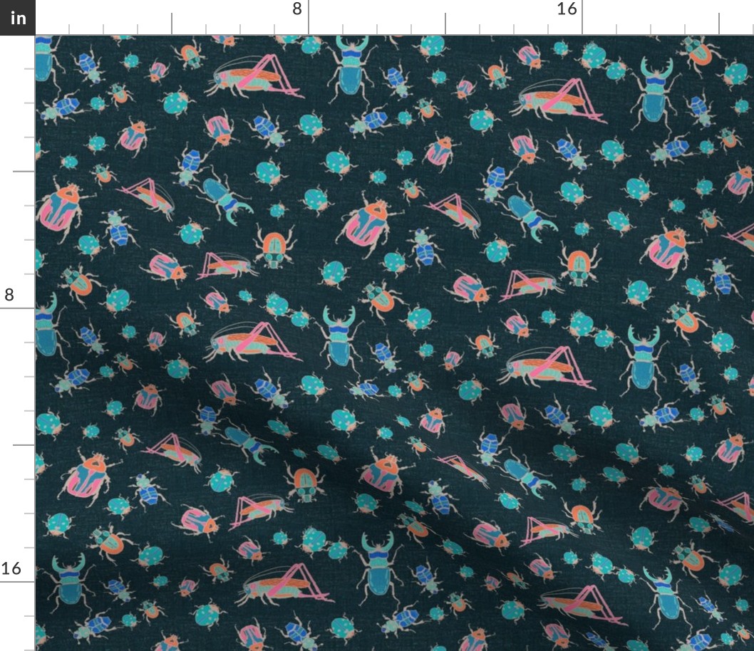 Retro Beetles, bugs and grasshoppers tossed scattered on burlap texture indigo non directional