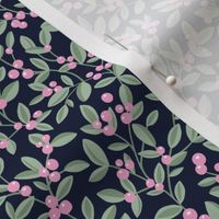 Lush little poppy flower summer garden berries leaves and fruit garden branches sage green pink on navy blue SMALL