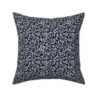 Lush little poppy flower summer garden berries leaves and fruit garden branches sage green pink on navy blue SMALL