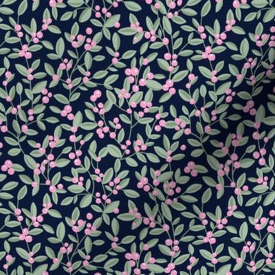 Lush little poppy flower summer garden berries leaves and fruit garden branches sage green pink on navy blue SMALL