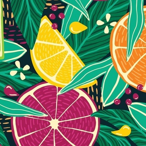 XL Tropical Summer Citrus Fruit Slices Lemon, Orange, Grapefruit On Moody Dark Green