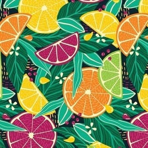 Medium Tropical Summer Citrus Fruit Slices Lemon, Orange, Grapefruit On Moody Dark Green