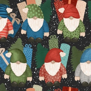 Christmas Gnomes with presents and pine tree on black large 