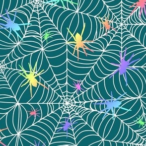 Spiderwebs - white webs, pastel rainbow spiders on teal background