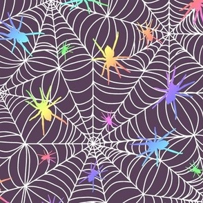 Spiderwebs - white webs,  pastel rainbow spiders purple background