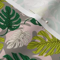 Monstera with Shadow ~ Greens and Cream on Grey