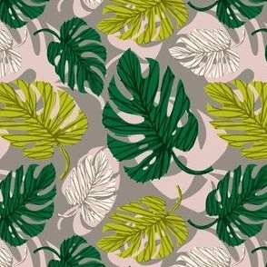 Monstera with Shadow ~ Greens and Cream on Grey