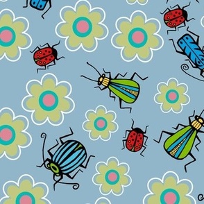 Beetles and flowers blue bkg -large