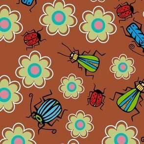 Beetles and flowers brown bkg - large