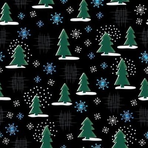 Retro Winter Holiday Trees Medium Blue Snowflakes Black