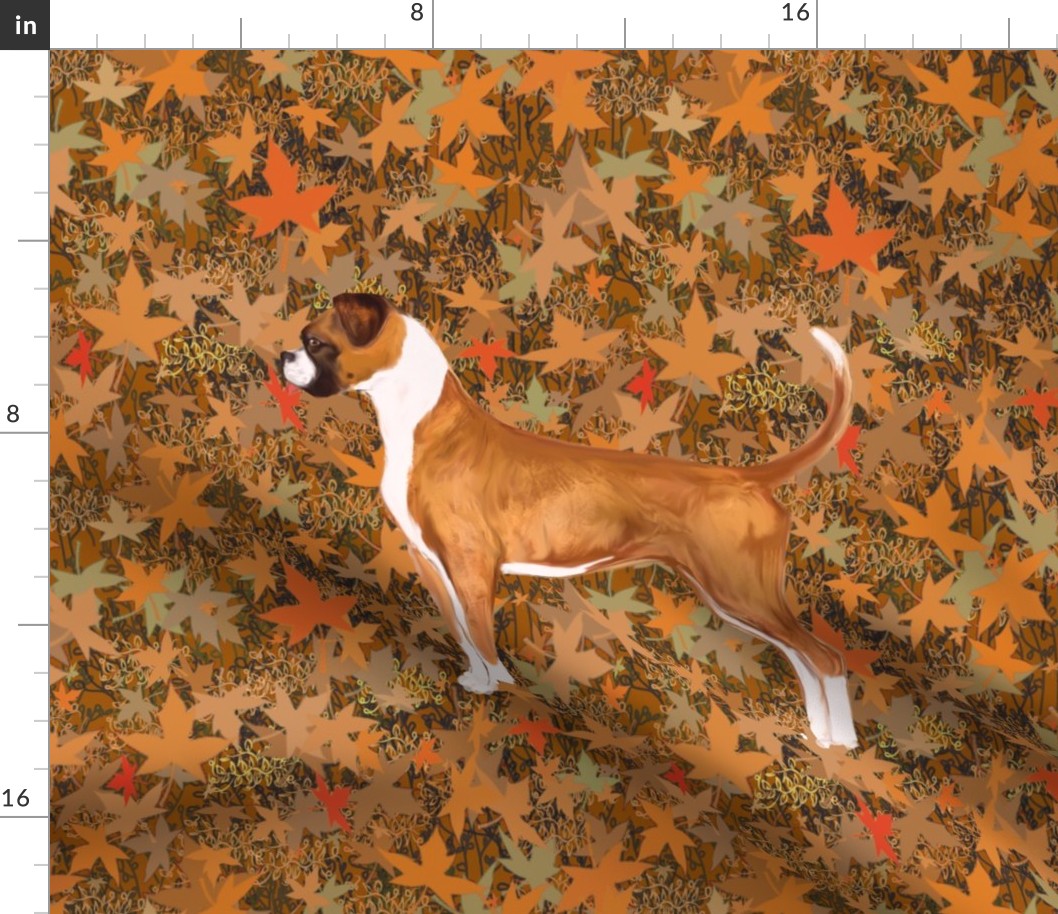 Boxer Dog with Natural Ears and Tail in Autumn Leaves for pillow