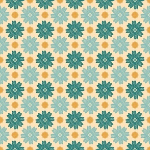 Retro Textured flowers tiled teal and turmeric