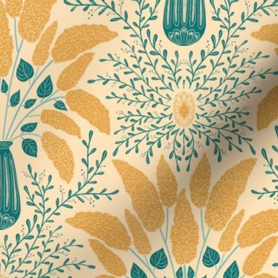 Lilac vintage Damask pattern Teal and Turmeric