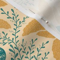 Lilac vintage Damask pattern Teal and Turmeric