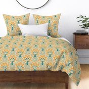 Lilac vintage Damask pattern Teal and Turmeric