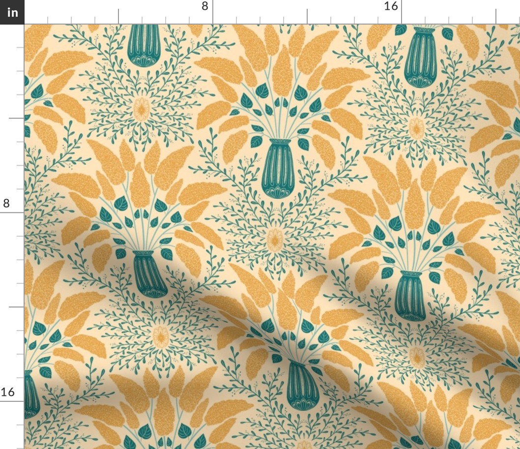 Lilac vintage Damask pattern Teal and Turmeric