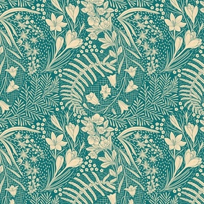 Forest Flowers reimagined paisley pattern teal and vanilla