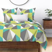 Triangles & Stripes Cheater Quilt- Teal & Acid Green (smaller sized)