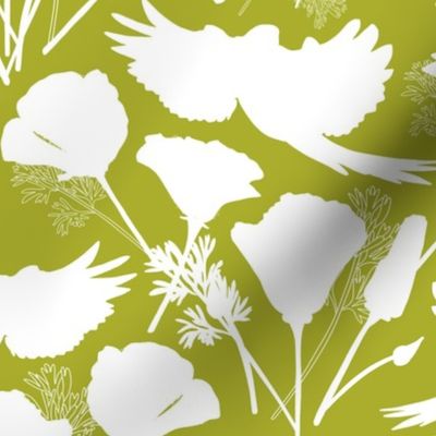 Parrots & Poppies Chinoiserie - white silhouettes on chartreuse, medium to large 