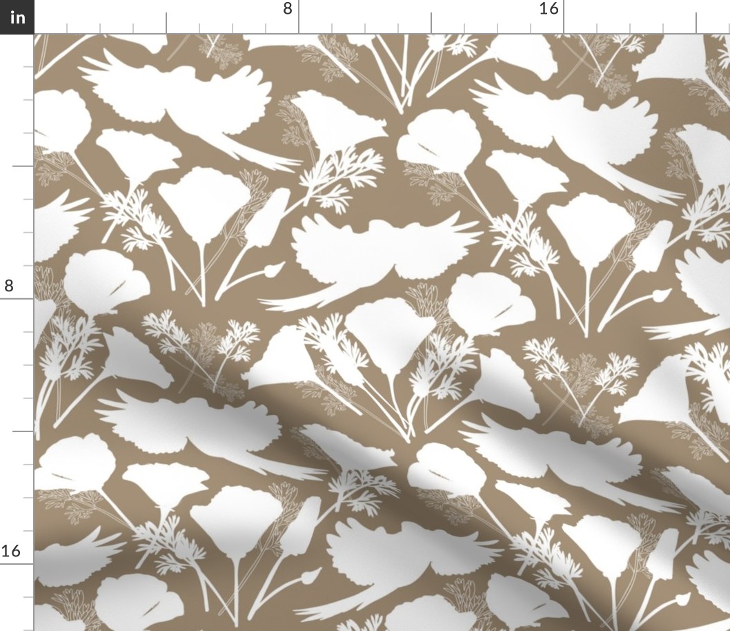 Parrots & Poppies Chinoiserie - white silhouettes on greige taupe, medium to large 