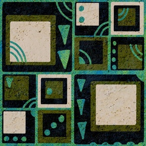70s Retro squares with cutouts, large a rich  blue background