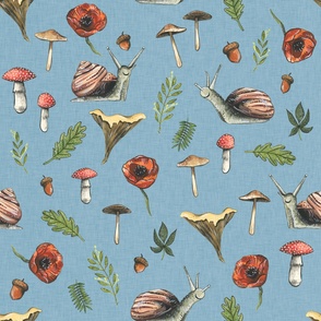 Large - Woodland Snails and Mushrooms on Blue Background