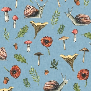 Medium - Woodland Snails and Mushrooms on Blue Background