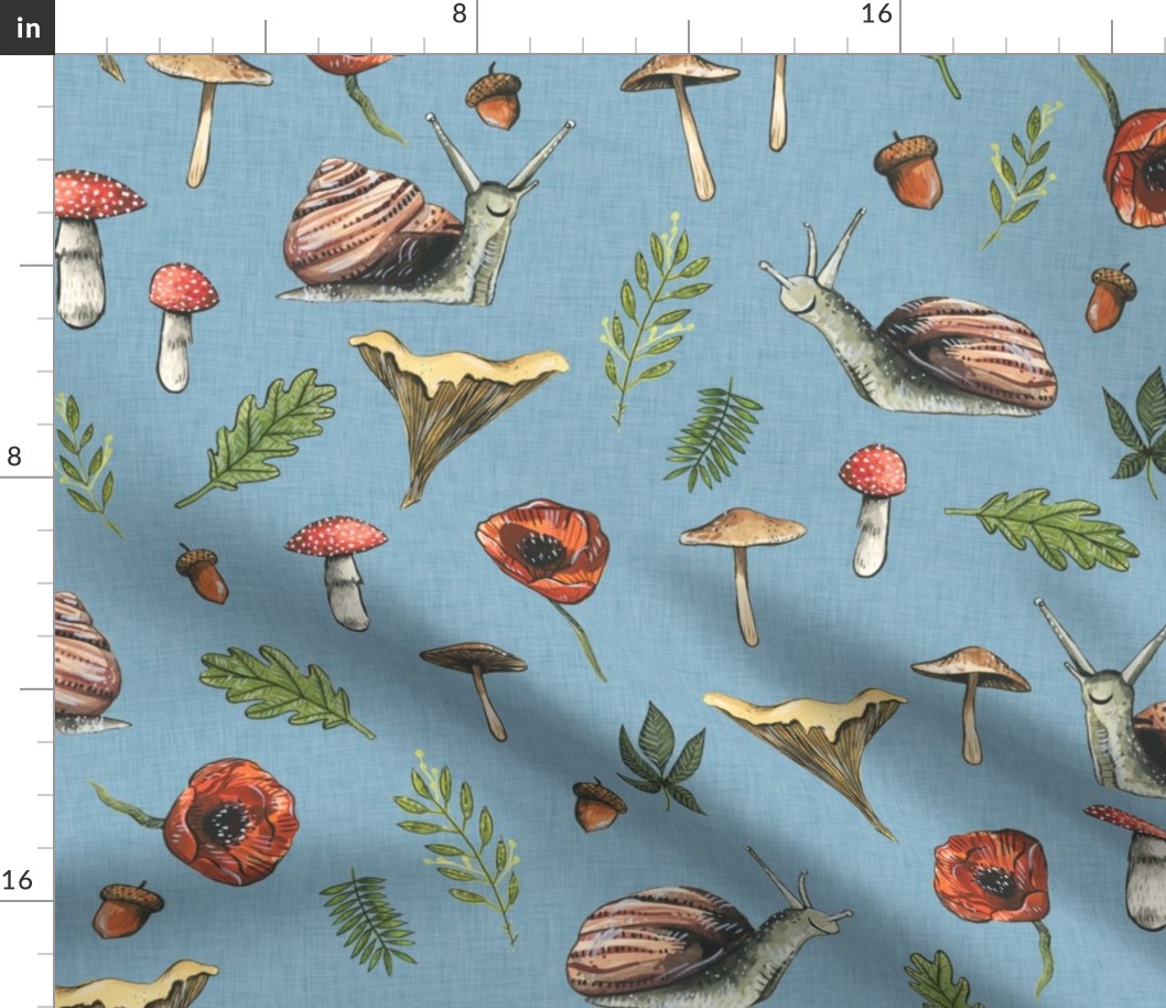 Medium - Woodland Snails and Mushrooms on Blue Background