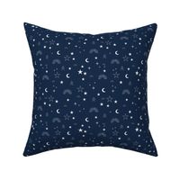 Starry night sunset and moon lucky stars white on navy blue