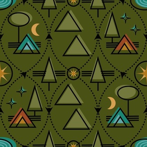 Hike, Camp, Repeat / Geometric / Outdoors / Tent Trail Trees / Olive Green / Large