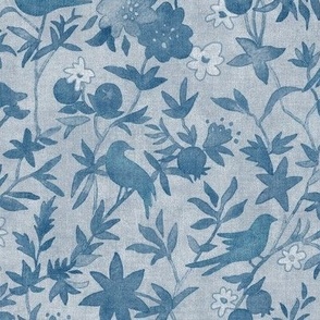 Forest Garden - Summer Night (medium scale) | Watercolor fabric, forest birds fabric, twilight, evening fabric, blue bird print, blue and gray, watercolor painting.