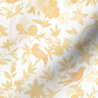 Forest Garden - Summer Sunset (medium scale) | Watercolor fabric, forest birds fabric, gold sunset, evening fabric, yellow bird print, golden yellow, sunny watercolor painting.