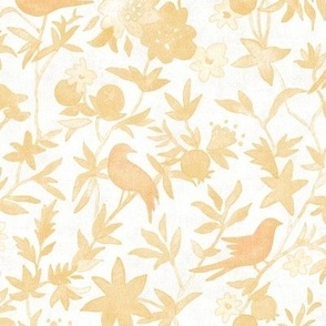 Forest Garden - Summer Sunset (medium scale) | Watercolor fabric, forest birds fabric, gold sunset, evening fabric, yellow bird print, golden yellow, sunny watercolor painting.