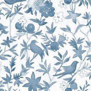 Forest Garden - First Light (medium scale) | Watercolor fabric, forest birds fabric, dawn chorus, morning fabric, blue bird print, inky blue and white, fresh watercolor painting.
