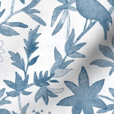 Forest Garden - First Light (xl scale) | Watercolor fabric, forest birds fabric, dawn chorus, morning fabric, blue bird print, inky blue and white, fresh watercolor painting.