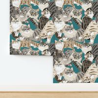 Cat Paradise Pattern Teal Big Scale